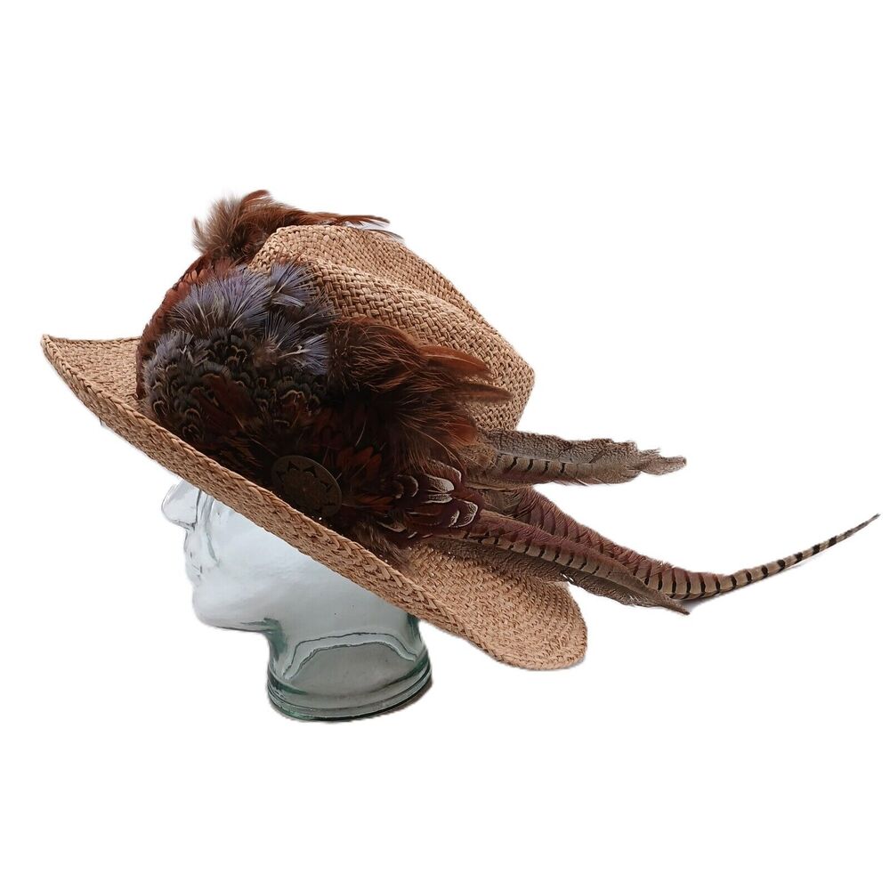 Vintage Straw Western Cowboy Hat Wide Brim Long Feathers Boho Rodeo Style